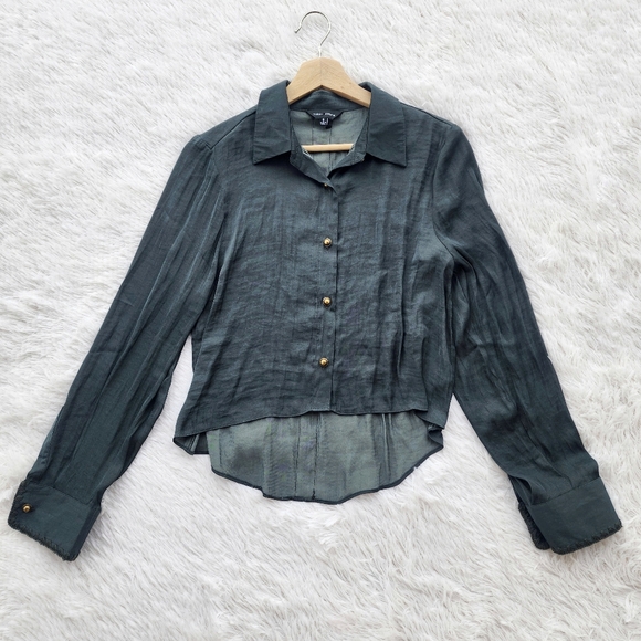 Naked Zebra Dark Green Silky Button Front Top - Picture 2 of 8